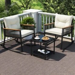 Tangkula 3 PCS Patio Rocking Bistro Set Outside Wicker Rockers W/ 2-Tier Tempered Glass Coffee Table -Tangkula GUEST ef9d0aba 3f60 4ae7 9abc 827a2eecb636