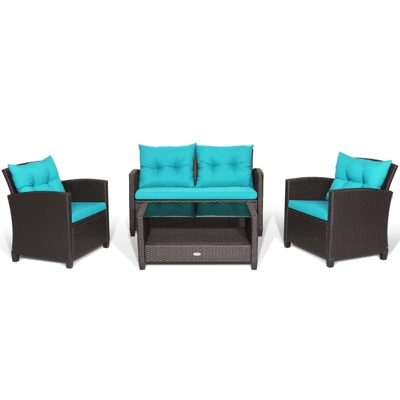 Tangkula Patio Rattan 4PCS Cushioned Chair Coffee Table Classic Furniture Set Bistro Set Single Sofa With Thick Cushion For Garden Navy/Red/Turquoise 10 Tangkula Patio Rattan 4PCS Cushioned Chair Coffee Table Classic Furniture Set Bistro Set Single Sofa With Thick Cushion For Garden Navy/Red/Turquoise - Image 10