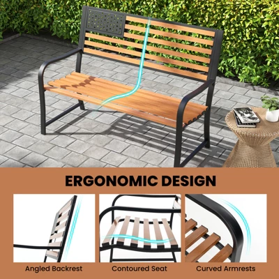 Tangkula 50” Outdoor Garden Bench 2-Person Metal Patio Chair With Flag Pattern Backrest & Rustic Wood Grain Finish 4 Tangkula 50” Outdoor Garden Bench 2-Person Metal Patio Chair With Flag Pattern Backrest & Rustic Wood Grain Finish - Image 4