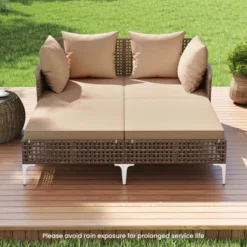 Tangkula Outdoor Rattan Double Daybed Wicker Chaise Lounge For 2 W/ Seat & Back Cushions