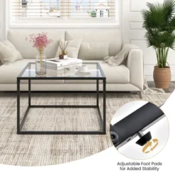 Tangkula Glass Coffee Table 27.5 Inch Modern Square Metal Frame Living Room Transparent -Tangkula GUEST f0aa34c3 5896 4639 9287 4f7d9f6c7117