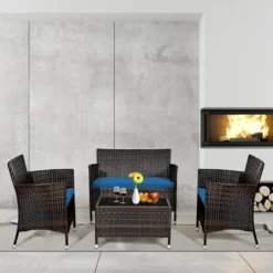 Tangkula 4PCS Patio Rattan Conversation Furniture Set Outdoor W/ Peacock Blue Cushion -Tangkula GUEST f0e70d39 02c4 4565 b570 38aa611c1d60