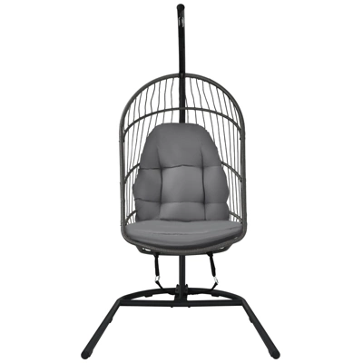 Tangkula Modern Rattan Hanging Egg Swing Chair W/Stand Foldable Cushioned Hammock Gray/Beige 2 Tangkula Modern Rattan Hanging Egg Swing Chair W/Stand Foldable Cushioned Hammock Gray/Beige - Image 2