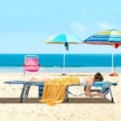 Tangkula 2 PCS Folding Chaise Lounge Chair Sunbathing Recliner W/ Removable Pillow Navy Blue