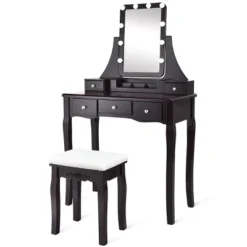 Tangkula LED Vanity Table Makeup Dresser Desk W/Drawers &Cushioned Stool Black/Brown/White -Tangkula GUEST f1e23b87 a27b 43fd 85b2 b6378d08cc3e