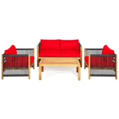 Tangkula Outdoor Patio Wood Conversation Furniture Set Padded Chair With Coffee Table Red/Turquoise -Tangkula GUEST f25417ad ec9d 46b6 9126 8a79efead1ea