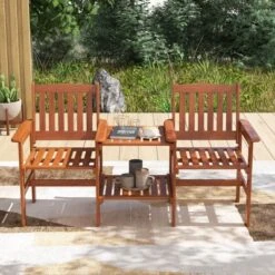 Tangkula Outdoor Wood Bench Loveseat W/ Built-in Table 1.57" Umbrella Hole For Porch -Tangkula GUEST f2861307 70ba 4d1c 8b84 19e3f1390636