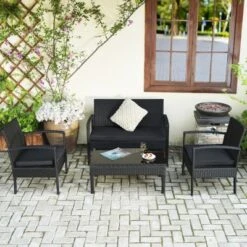 Tangkula Set Of 4 Wicker Patio Conversation Furniture Set Outdoor Rattan Chair And Table Set Patio Furniture Sets W/ Coffee Table & Washable Cushions -Tangkula GUEST f2aad7c5 b70f 48d5 93ec 8934eda32d85