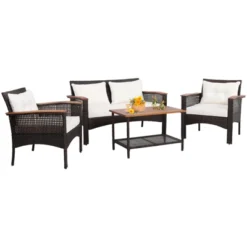 Tangkula 4PCS Rattan Patio Furniture Set Acacia Wood Outdoor Conversation Set W/ Cushions -Tangkula GUEST f2db573b ca1e 4971 94de cb4495002ea2