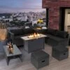 Tangkula 9 PCS Outdoor PE Rattan Wicker Sectional Sofa With 42" 60,000 BTU Gas Fire Pit Table Space-Saving Conversation Set With Storage Box Black