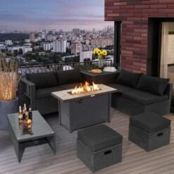 Tangkula 9 PCS Outdoor PE Rattan Wicker Sectional Sofa With 42" 60,000 BTU Gas Fire Pit Table Space-Saving Conversation Set With Storage Box Black
