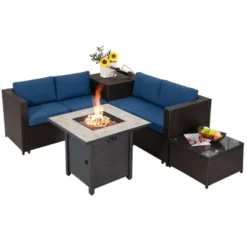Tangkula 5-Piece Patio Furniture Set With 30 Inches Gas Fire Pit Table Outdoor PE Wicker Sectional Sofa Set With Cushions Red/Beige/Navy/Turquoise 23 Tangkula 5-Piece Patio Furniture Set With 30 Inches Gas Fire Pit Table Outdoor PE Wicker Sectional Sofa Set With Cushions Red/Beige/Navy/Turquoise -Tangkula GUEST f2e38a81 58e2 4245 b9e4 91ffb65e3e9b