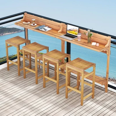 Tangkula 6 PCS Acacia Wood Balcony Table Set W/ Shelf Footrest Curved Wood Seat 1 Tangkula 6 PCS Acacia Wood Balcony Table Set W/ Shelf Footrest Curved Wood Seat