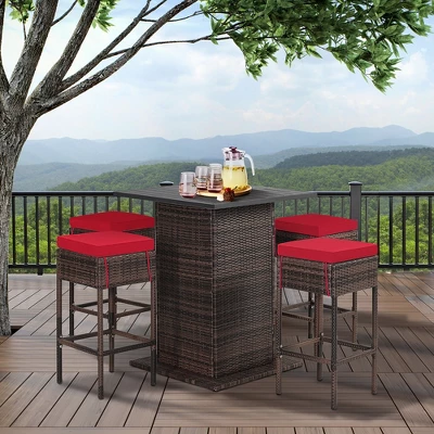 Tangkula Tangkula 5PCS Patio Bar Set Rattan Bar Furniture Set W/ Table & 4 Cushioned Stools Red 2 Tangkula Tangkula 5PCS Patio Bar Set Rattan Bar Furniture Set W/ Table & 4 Cushioned Stools Red - Image 2