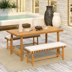 Tangkula 2PCS Outdoor Acacia Wood Bench With Cushion Breathable Rope Seat Patio Dining Bench For Entryway Garden Poolside Balcony -Tangkula GUEST f3b5d653 b7ea 4ca5 85e8 5e4333809afc