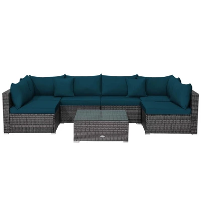 Tangkula Set Of 7 Patio Wicker Furniture Set Outdoor Rattan Sectional Sofa With Seat & Back Cushions 2 Throw Pillows Blue 3 Tangkula Set Of 7 Patio Wicker Furniture Set Outdoor Rattan Sectional Sofa With Seat & Back Cushions 2 Throw Pillows Blue - Image 3