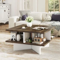 Tangkula 2-Tier Square Coffee Table W/ Storage Farmhouse Modern Accent Table Center Table -Tangkula GUEST f46fb434 a127 4706 b289 8aa1bf033228