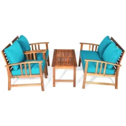 Tangkula 8pcs Wooden Patio Furniture Set Table & Sectional Sofa W/ Turquoise Cushion -Tangkula GUEST f5936497 3e87 4cb0 b036 ca33493a390c