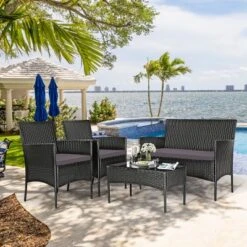 Tangkula 4PCS Rattan Furniture Set Cushioned Sofa Coffee Table Backyard Porch Patio Grey -Tangkula GUEST f61058c8 bee7 43eb bd4c f20f7e1bce7c