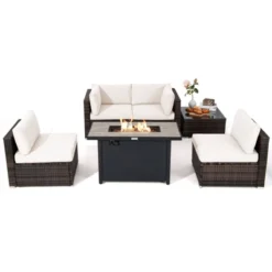 Tangkula 6 Pieces Outdoor PE Rattan Wicker Sectional Sofa With 42" 60,000 BTU Gas Fire Pit Table, Patio Conversation Set With Tempered Glass Coffee Table Black/Navy Blue/Red/Turquoise/Off White -Tangkula GUEST f647d7f4 beac 4afc a605 5d1edf65457e