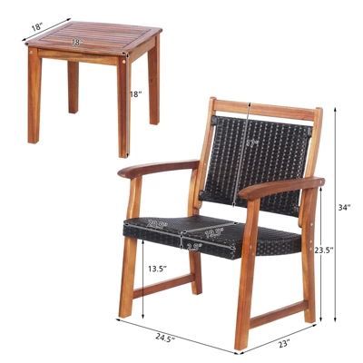 Tangkula 3 PCS Patio Rattan Bistro Set Outdoor Acacia Wood Table & Chairs Set 3 Tangkula 3 PCS Patio Rattan Bistro Set Outdoor Acacia Wood Table & Chairs Set - Image 3