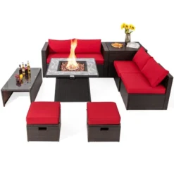 Tangkula 9 Pieces Outdoor Patio Furniture Set With 35" Propane Fire Pit Table Wicker Sectional Sofa Set W/ Storage Box Black/Gray/Navy/Red/Turquoise/Off White -Tangkula GUEST f7546e32 5bd2 4de2 9125 c48b5b1b3a8d