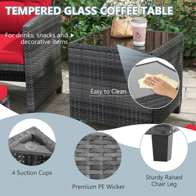 Tangkula 5-Piece Outdoor PE Rattan Conversation Set Wicker Patio Furniture Set With Cushion Ottoman & Coffee Table Red 3 Tangkula 5-Piece Outdoor PE Rattan Conversation Set Wicker Patio Furniture Set With Cushion Ottoman & Coffee Table Red - Image 3