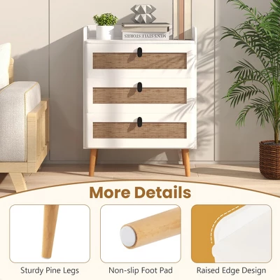 Tangkula Modern Nightstand End Bedside Table W/ 3 Rattan Drawers & Solid Wood Legs White 6 Tangkula Modern Nightstand End Bedside Table W/ 3 Rattan Drawers & Solid Wood Legs White - Image 6