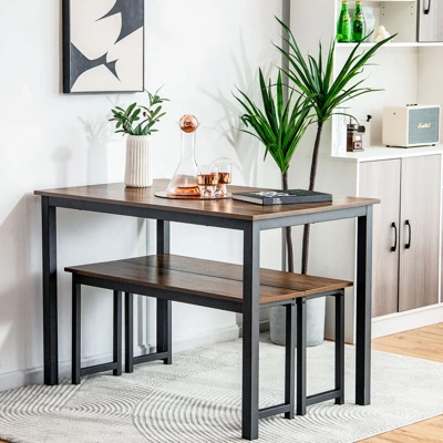 Tangkula 3pcs Dining Table Set For 4 Modern Industrial Counter Height Kitchen Table Set With 2 Benches For Dining Room Natural/Brown 2 Tangkula 3pcs Dining Table Set For 4 Modern Industrial Counter Height Kitchen Table Set With 2 Benches For Dining Room Natural/Brown - Image 2