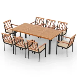 Tangkula 9 PCS Patio Dining Set Acacia Wood Table W/ Soft Cushions And 1.9" Umbrella Hole -Tangkula GUEST f8cef418 1640 4c01 ab37 24292372599a
