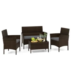 Tangkula 4 Piece Patio Rattan Conversation Set Outdoor Wicker Furniture Set W/ Chair Loveseat & Tempered Glass Table Beige/Black/Gray/Navy/Turquoise -Tangkula GUEST f8d27fbc da2d 4d01 9366 88a35aecfa1e