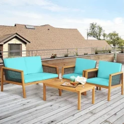 Tangkula 8PCS Patio Acacia Wood Furniture Set PE Rattan Conversation Set W/ Turquoise Cushions 10 Tangkula 8PCS Patio Acacia Wood Furniture Set PE Rattan Conversation Set W/ Turquoise Cushions -Tangkula GUEST f93472a8 228b 4ed6 942d 119d14bc41b4