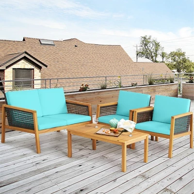 Tangkula 8PCS Patio Acacia Wood Furniture Set PE Rattan Conversation Set W/ Turquoise Cushions 3 Tangkula 8PCS Patio Acacia Wood Furniture Set PE Rattan Conversation Set W/ Turquoise Cushions - Image 3