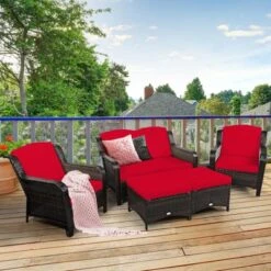 Tangkula 5 PCS Patio Rattan Sectional Sofa Set Outdoor Furniture Conversation Set Cushioned Loveseat Sofa Ottoman