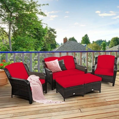 Tangkula 5 PCS Patio Rattan Sectional Sofa Set Outdoor Furniture Conversation Set Cushioned Loveseat Sofa Ottoman 1 Tangkula 5 PCS Patio Rattan Sectional Sofa Set Outdoor Furniture Conversation Set Cushioned Loveseat Sofa Ottoman