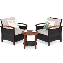 Tangkula 3-Piece Patio Rattan Bistro Set Acacia Wood Frame Sofa And Side Table -Tangkula GUEST f98456ac e4ac 42be 82c5 29d609e630cf