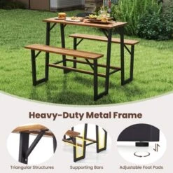Tangkula Acacia Wood Picnic Table 4-Person Outdoor Table And Bench Set With 2 Built-in Benches Footrests Umbrella Hole Heavy-Duty Metal Frame -Tangkula GUEST f9c19b7a ac86 40d3 b0c5 ecbdd404b2bc