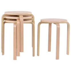 Tangkula 4 Pcs 17" Round Stacking Stool Dining Chair Set Backless Wood Seats Natural