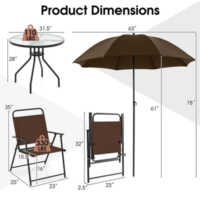 Tangkula 6 PCS Patio Dining Set W/ Umbrella 4 Folding Patio Chairs W/ Round Tempered Glass Table 3 Tangkula 6 PCS Patio Dining Set W/ Umbrella 4 Folding Patio Chairs W/ Round Tempered Glass Table - Image 3