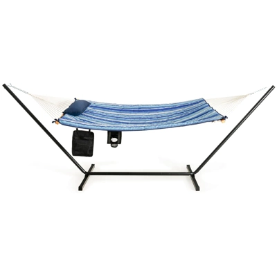 Tangkula 12Ft Hammock With Heavy-Duty Steel Stand, Woven Hammock Chair Set, Portable Hammock With Beech Wood Bar & Cotton Mat 7 Tangkula 12Ft Hammock With Heavy-Duty Steel Stand, Woven Hammock Chair Set, Portable Hammock With Beech Wood Bar & Cotton Mat - Image 7