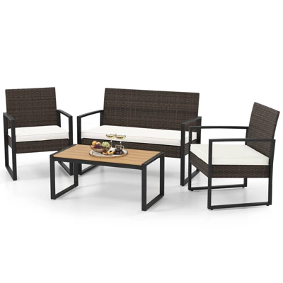 Tangkula Set Of 4 PE Rattan Patio Conversation Set Outdoor Porch Chairs Loveseat With Coffee Table And Soft Cushions Metal Frame 10 Tangkula Set Of 4 PE Rattan Patio Conversation Set Outdoor Porch Chairs Loveseat With Coffee Table And Soft Cushions Metal Frame - Image 10