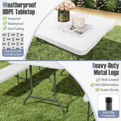 Tangkula 3 PCS Folding Picnic Table Set W/ 6 Ft Table & 2 Benches HDPE Tabletop Bench Top Coffee 3 Tangkula 3 PCS Folding Picnic Table Set W/ 6 Ft Table & 2 Benches HDPE Tabletop Bench Top Coffee - Image 3