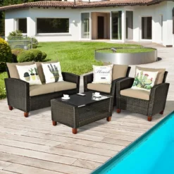 Tangkula 4PCS Cushioned Rattan Conversation Set W/ Coffee Table Patio Outdoor -Tangkula GUEST fc57e8a6 8c1e 431c a064 1f322d02f9d1