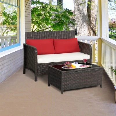 Tangkula 2PCS Patio Rattan Furniture Set Loveseat W/Coffee Table For Garden Porch Backyard Brown 3 Tangkula 2PCS Patio Rattan Furniture Set Loveseat W/Coffee Table For Garden Porch Backyard Brown - Image 3