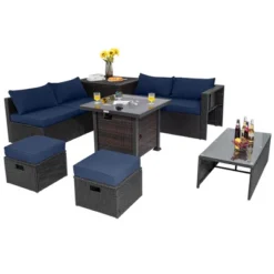 Tangkula 9PCS Furniture Set W/ 32" Fire Pit Table 50,000 BTU Square Propane Fire Pit Patio Navy -Tangkula GUEST fd3e321e 5422 4975 a84e a7154d26578c