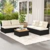 Tangkula 5 Pieces Outdoor Patio Furniture Set Sectional PE Rattan Sofa Set With Cushions And Acacia Wood Coffee Table