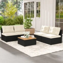 Tangkula 5 Pieces Outdoor Patio Furniture Set Sectional PE Rattan Sofa Set With Cushions And Acacia Wood Coffee Table