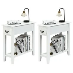 Tangkula Set Of 2 White 2 Tier Narrow Nightstand End Bedside Sofa Side Table W/ Drawer & Shelf -Tangkula GUEST fd6c41b5 d7a3 4e05 8e32 135ecdb8ed91