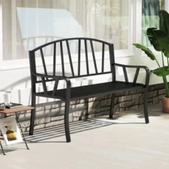 Tangkula 51" Metal Garden Bench Patio Slatted Bench For 2-3 People & Park-Style Loveseat