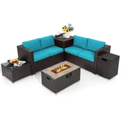 Tangkula 6 Piece Patio Sofa & Fire Table Set Outdoor Rattan Sectional Sofa Set W/ Storage Box Turquoise -Tangkula GUEST fec0af95 0001 46a5 9bc5 845dbef9c3d8